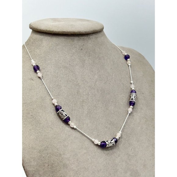 Amethyst & Pink Quartz Sterling Silver Station Necklace Signed PZ Israel 925 - Picture 4 of 7